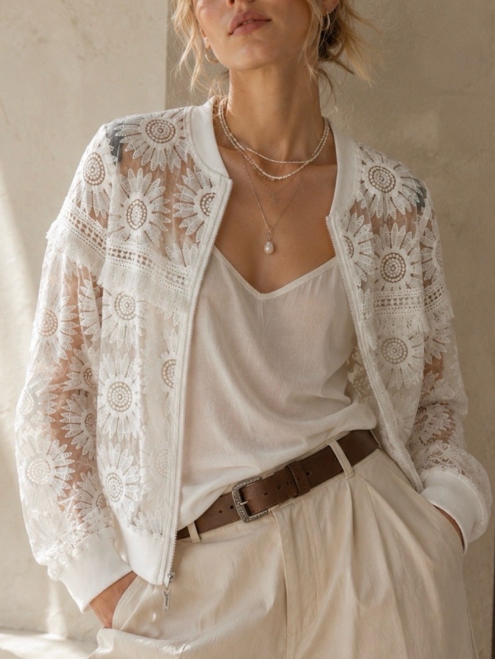 White Floral Lace Shear Bomber Jacket Fringe